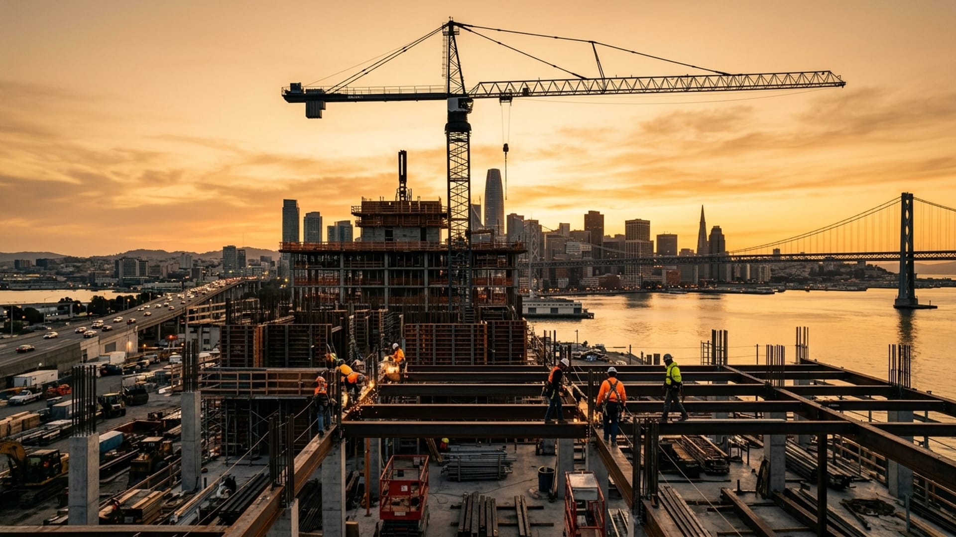 San Francisco construction site at golden hour with a tower crane framing the skyline